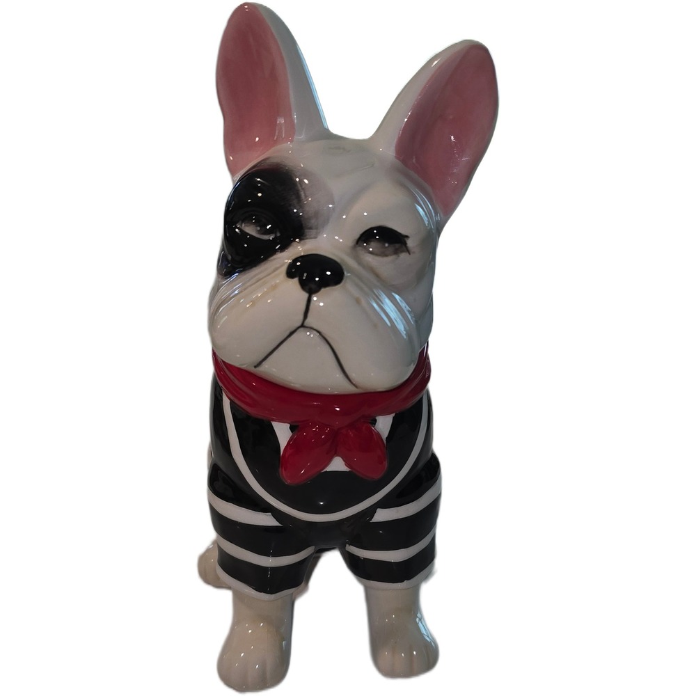 French Bulldog Ceramic Cookie Jar Treat Canister Black White Red Scarf 10"